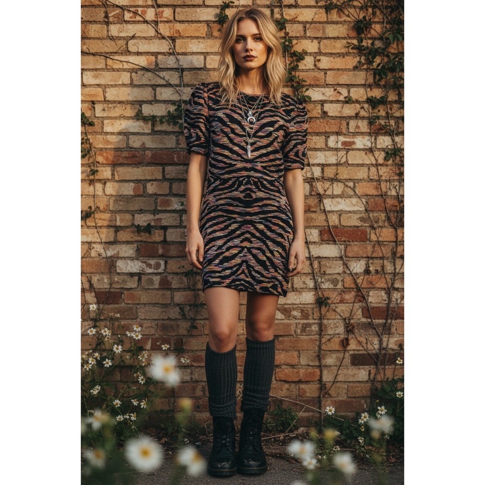 Free People Take Me Out Zebra Knit Mini Dress Small Puff Sleeve Bodycon Jacquard